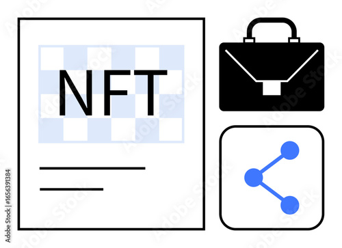 NFT file with checkered pattern, modern briefcase, and share icon representing blockchain, networking, digital work, tech innovation, asset management, collaboration, simple landing page