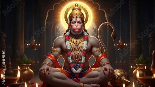 Seated Hanuman Meditating in Temple with Golden Crown and Lighting