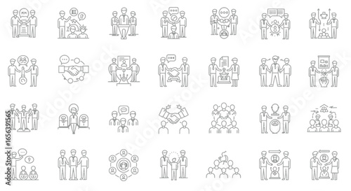 Business Collaboration and Communication Linear Icons Set Depicting Teamwork, Meetings, and Negotiations