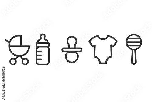 Baby Essentials Icons: Stroller, Bottle, Pacifier, Onesie