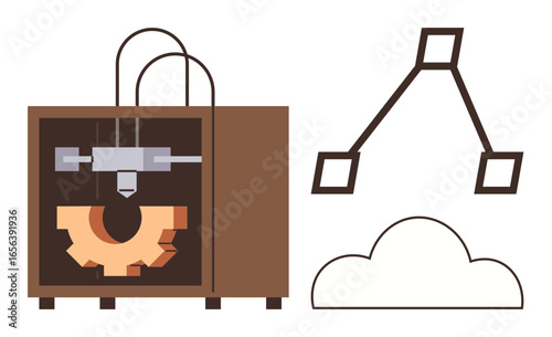 3D printer fabricating gear inside chamber with abstract connection nodes and cloud. Ideal for technology, engineering, innovation, manufacturing, automation, industry 4.0, process visualization