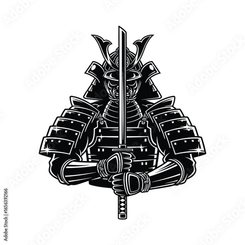 A stoic samurai warrior, clad in full armor, stands solemnly holding a katana.