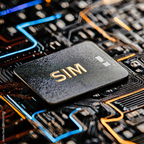 Close-up of SIM card chip on electronic circuit board with glowing connections.