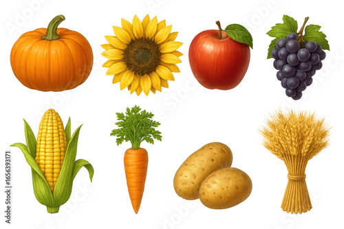 Autumn harvest collection of fruits, vegetables, and grains with realistic fall colors