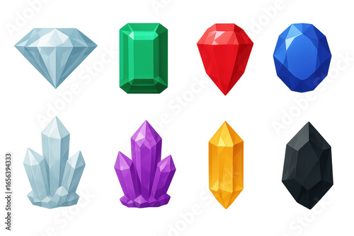 Colorful geometric gemstones on dark background: vibrant crystal collection