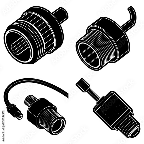 Illustration showing four different types of black and white industrial connectors and adapters designs
