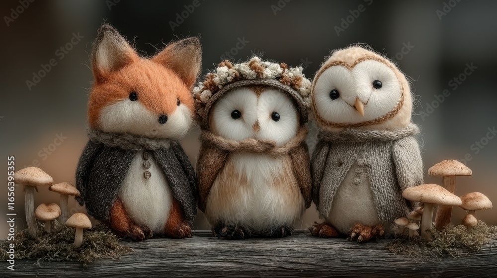 Fototapeta premium Group of 3 baby forest companions (fox, deer, owl) sitting in ring of mushrooms, friendship moment
