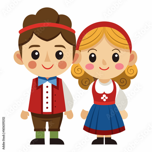 Charming Norwegian Folk Costumes. A Boy and Girl in Traditional Scandinavian Attire