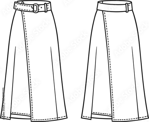 belted wrap skirt, straight skirt, stitching detail, waist belt, front view, skirt outline, fashion flat, apparel design, clothing template, black and white line drawing vector illustration