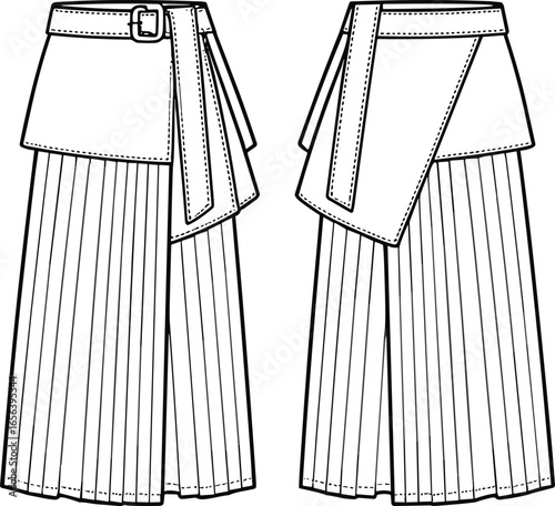 pleated skirt with asymmetrical wrap overlay, waistband belt buckle, front and back view, fashion flat, apparel design, clothing template, black and white line drawing vector illustration