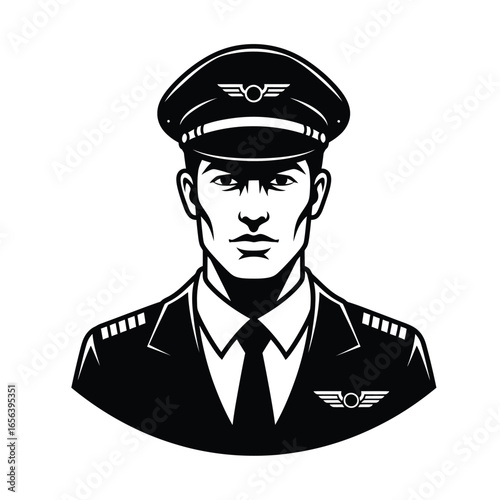 A monochrome illustration of a pilot in uniform, facing the viewer directly.