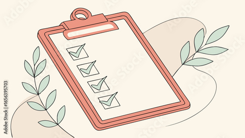 Coral Pink Clipboard with Checklist and Green Leaves.