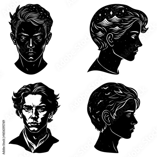 Four black and white portraits of men with different hairstyles and expressions in a minimalist style