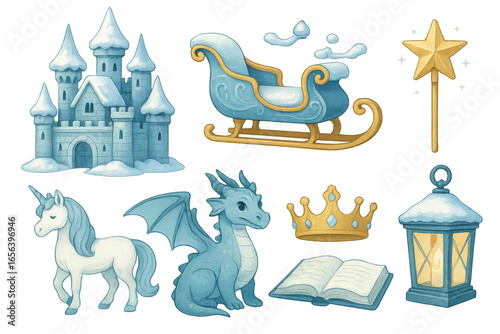 Enchanted fantasy icons featuring castle, unicorn, and dragon in whimsical style