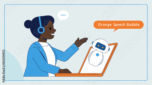 Customer Service Representative Interacting with AI Robot.