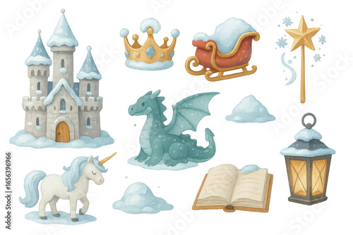 Magical winter fantasy icons featuring castle, crown, dragon, and unicorn