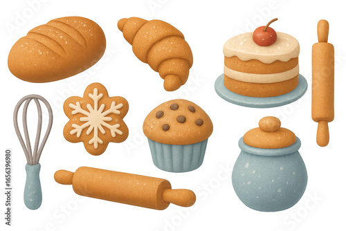 Whimsical bakery elements: bread, pastry, cake, and baking tools on warm background