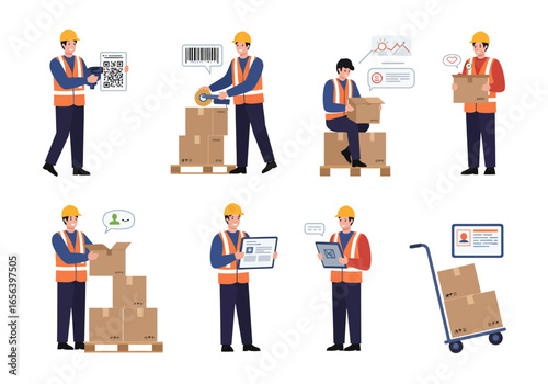 A set of illustrations showing warehouse workers in safety gear managing inventory, packing boxes, and using technology for logistics.