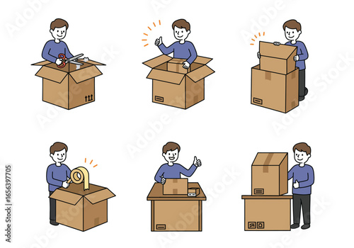 Six illustrations depict a person packing boxes, using tape, and stacking them, suggesting moving or shipping.
