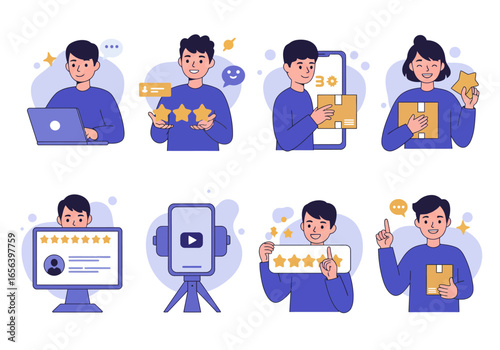 Diverse group of people interacting with online review and delivery systems.