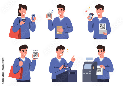 A man and woman demonstrate mobile payment and digital transactions using smartphones and QR codes for shopping and purchases.