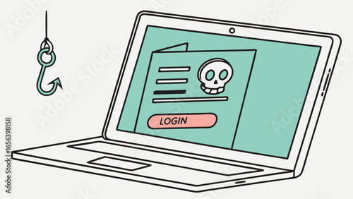 Phishing Attack Illustration Laptop with Skull Login and Hook.