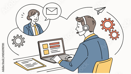 Customer Service Representative Working on Laptop with Headset Illustration.