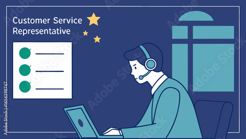 Customer Service Representative Working on Laptop.
