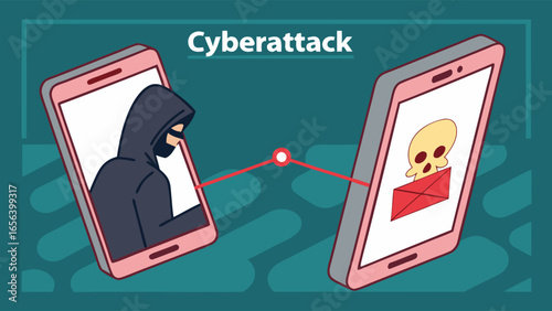 Cyberattack Illustration Depicting Hacker and Malicious Email.