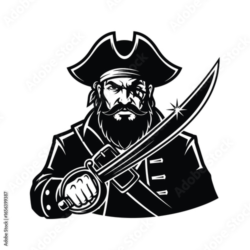 A fierce, one-eyed pirate captain brandishes a curved sword, his stern expression and attire conveying a sense of power and adventure.