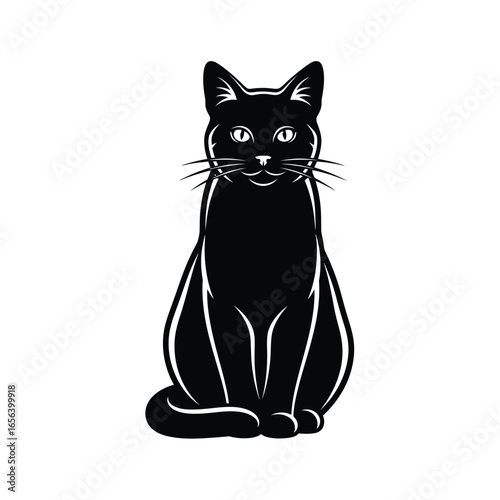 A sleek black cat sits upright, facing forward with bright eyes and whiskers, against a white background.