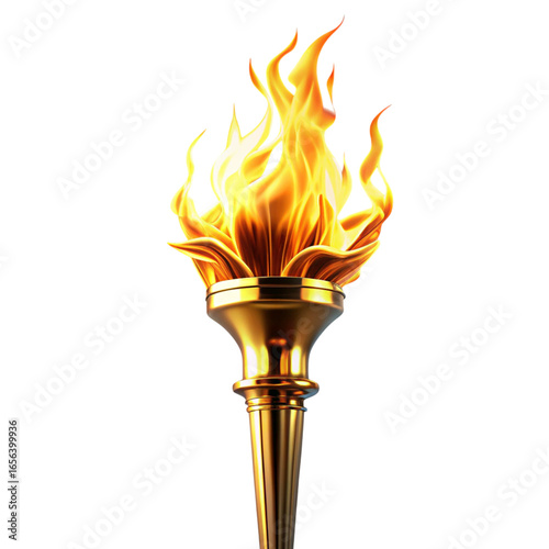 Golden Torch with Fiery Flames on Transparent Background Symbol of Inspiration, Achievement, and Victory