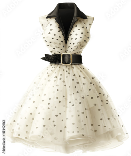 polka-dot dress with a black belt, in the style of rockabilly, front view, white background.