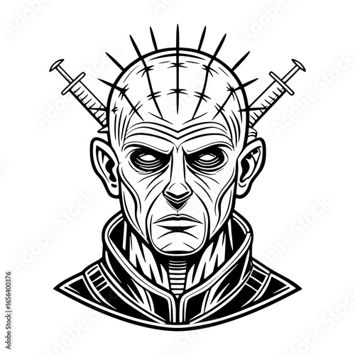 Black and white illustration of a man with pins in his head and syringes horror scary