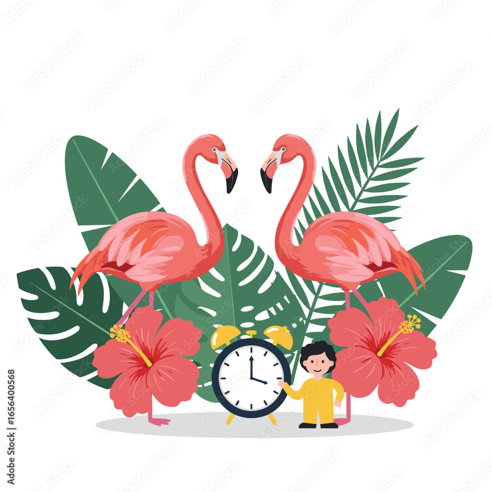 Obraz premium Pair of flamingos with tropical leaves and clock