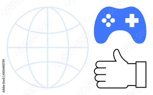 Globe symbolizing connectivity, blue game controller representing gaming, and a thumbs up icon suggesting approval. Ideal for gaming, global reach, technology, social media, positivity
