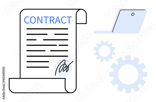 Legal agreement document with signature, laptop, and gears signifying workflow, business operations, and digital collaboration. Ideal for contract, business, technology, legal solutions workflow