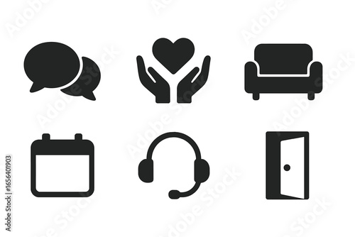 Collection of six modern icons on dark background