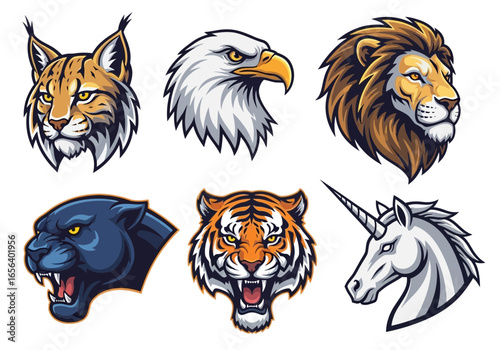 Six animal head illustrations: lynx, eagle, lion, panther, tiger, and unicorn, all depicted in a cartoon style with detailed shading.