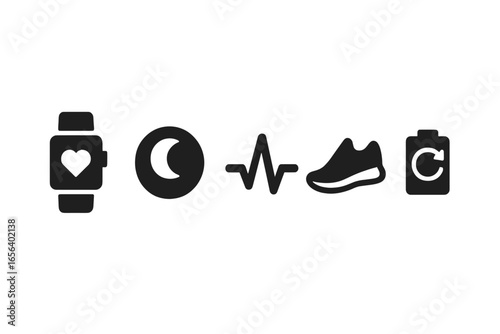 Fitness Tracker Icons: Heart, Moon, Pulse, Shoe, Battery