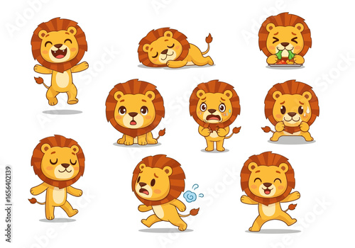 Collection of cartoon lion illustrations showing various emotions and poses, including happy, sad, scared, and playful.