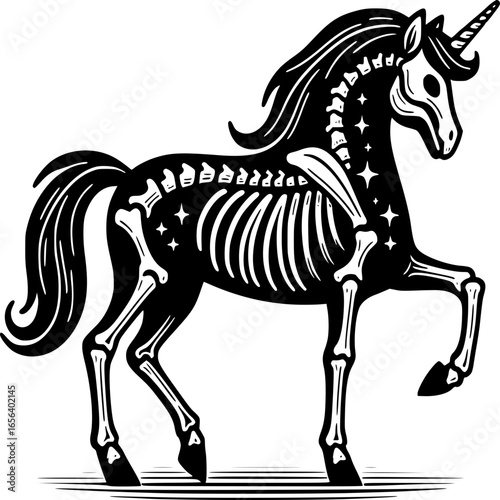 Mystical Unicorn: A dark illustration of a majestic unicorn with a skeleton structure against a clean background, blending fantasy and anatomy for a unique, artistic expression.