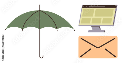 Green umbrella, computer monitor with open web browser, orange envelope. Ideal for safety, communication, insurance, cybersecurity, digital protection email online services. Simple flat metaphor