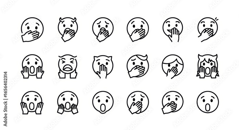 Naklejka premium Collection of surprised and shocked emoji faces with hands covering mouths, conveying disbelief.