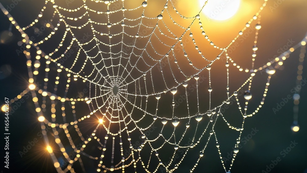 Naklejka premium dewdrops on a spider web at sunrise, shimmering light, ultra high detail, natural bokeh background
