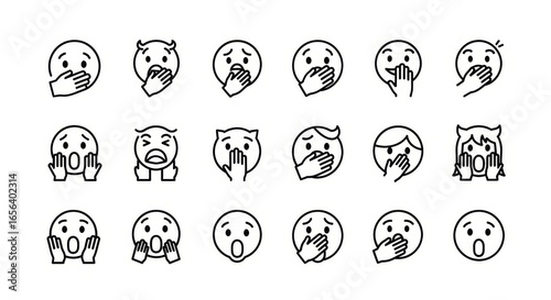 Collection of surprised and shocked emoji faces with hands covering mouths, conveying disbelief.