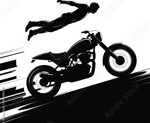 Black and White Vector Art of a Stuntman Jumping Off a Motorcycle.
