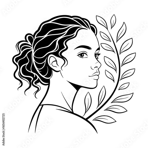 Black and white line art illustration of a woman's profile with curly hair and leaves