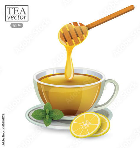 lemon tea with honey in a glass isolated on white background. Vector illustration.