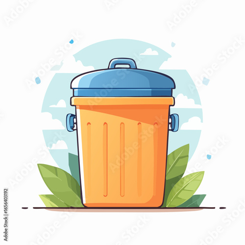 Orange Trash Can Illustration With Blue Lid